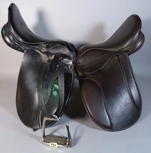 Equestrian interest, an 'Ideal' Ramsay saddle in brown (Sala) leather, 16", a 'M&J saddlery' saddle, black leather, 16" with safety stirrups, a brown