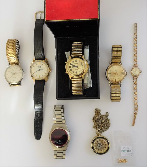 A Regency 9ct gold cased lady's wristwatch, on a 9ct gold bracelet with a foldover clasp and spare links, gross weight 10.6 gms,  five gentlemen's wri