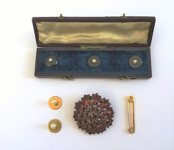 A set of three Victorian gold, black onyx and half pearl set dress studs, with a fitted case, a pair of cultured pearl topped gilt dress studs, a gold