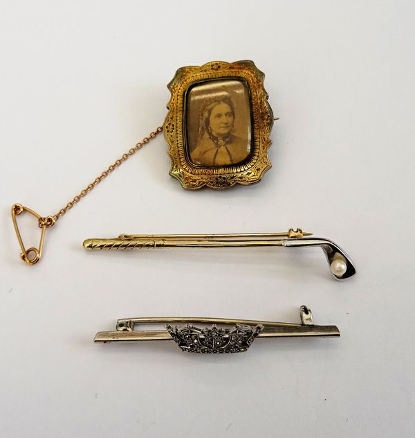 A rose diamond set bar brooch, with a Navy crown motif, a 9ct gold and cultured pearl brooch designed as a golf club and a Victorian shaped rectangula