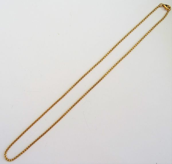 A 18ct gold neckchain, in a curved square link design, on a sprung hook shaped clasp, detailed 750, weight 12.2 gms, length 44cms.