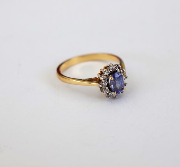 An 18ct gold, sapphire and diamond oval cluster ring, claw set with the oval cut sapphire in a surround of twelve circular cut diamonds, ring size M,