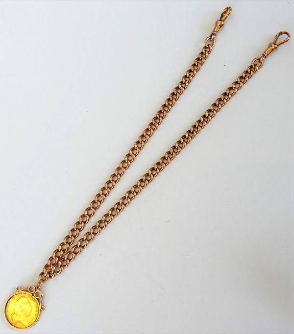 A gentleman's 9ct gold solid curb link watch Albert chain, fitted with two 9ct gold swivels and with a George III half guinea 1802, in a gold pendant