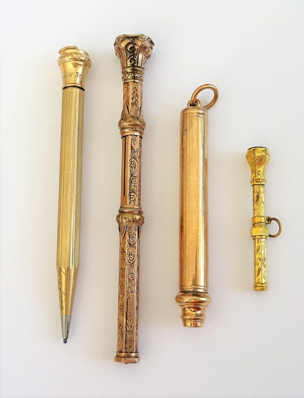 A gold cased propelling pencil, presentation inscribed, detailed 9 CT, a Victorian slide action dip pen/cum pencil, of hexagonal form with engraved de