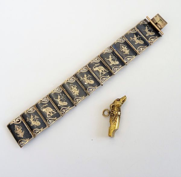 A Siamese niello decorated bracelet, in a curved panel shaped link design, on a snap clasp, detailed Sterling and a Victorian gold pendant whistle, wi