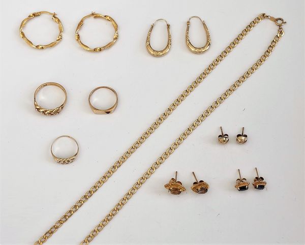 Mostly 9ct gold jewellery, comprising; three rings, a pair of smoky quartz single stone earstuds, a pair of sapphire single stone earstuds and three f