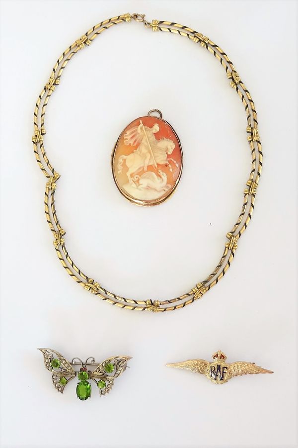 A group of jewellery, comprising; a necklace in a two row curved link design, a pale green paste and imitation pearl brooch, designed as a butterfly,