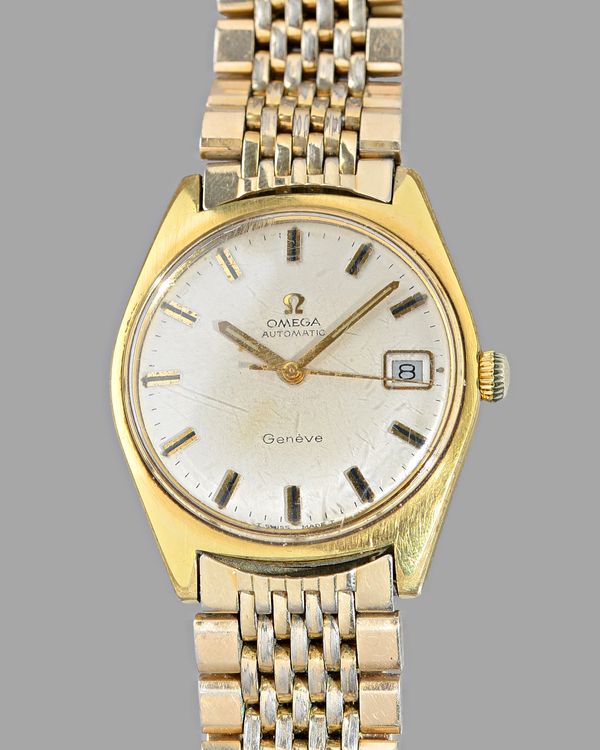 An Omega Automatic gilt metal fronted and steel backed gentleman's wristwatch, the signed silvered dial with baton numerals, centre seconds and with a