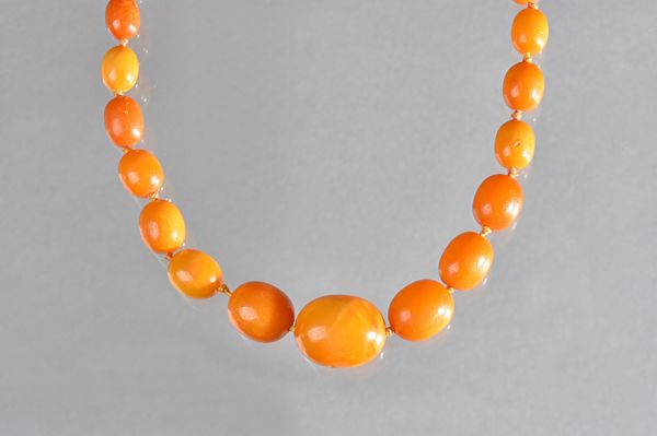 A single row necklace of graduated oval varicoloured butterscotch coloured amber beads, gross weight 58 gms.