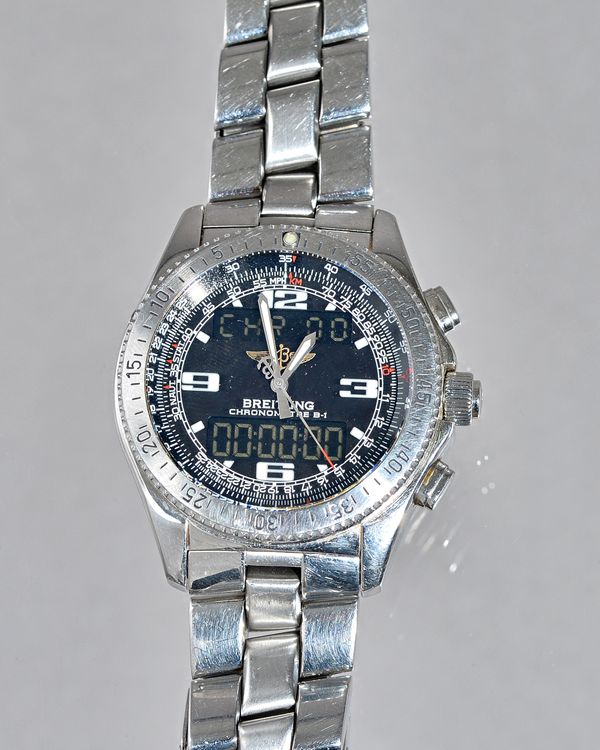 A Breitling Chronometre B-1 steel cased gentleman's bracelet wristwatch, the signed dial with white Arabic numerals, digital apertures and with centre