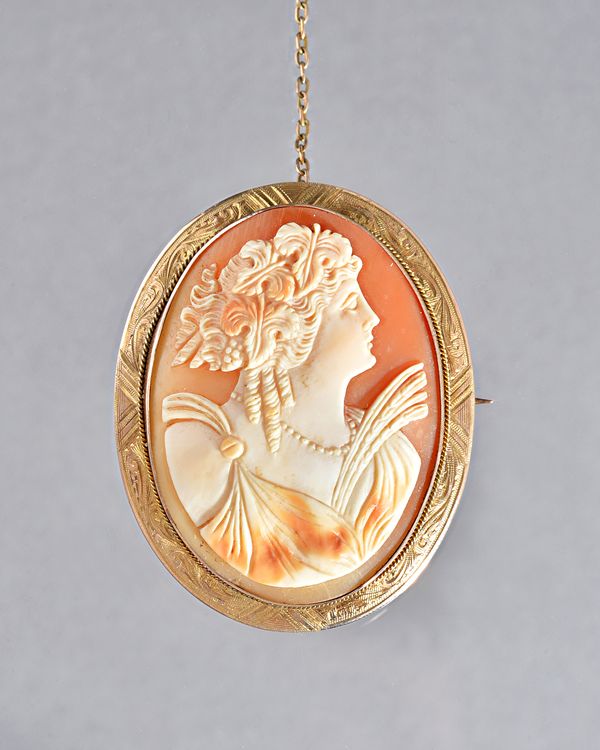 A gold mounted oval shell cameo brooch, carved as the portrait of a classical lady, the mount decorated with a ropetwist and engraved border, detailed