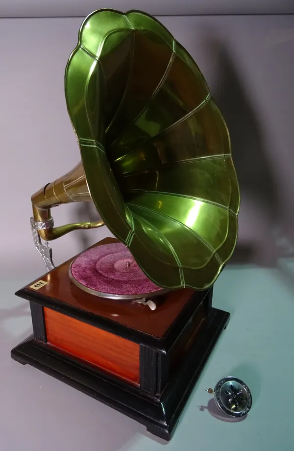 A modern reproduction HMV Soundbox gramophone in stained mahogany case, 39cm wide.