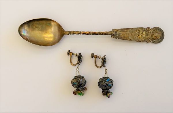 A pair of Chinese silver filigree and enamelled pendant earrings of spherical design, suspending hardstones with screw thread fittings and a Chinese s