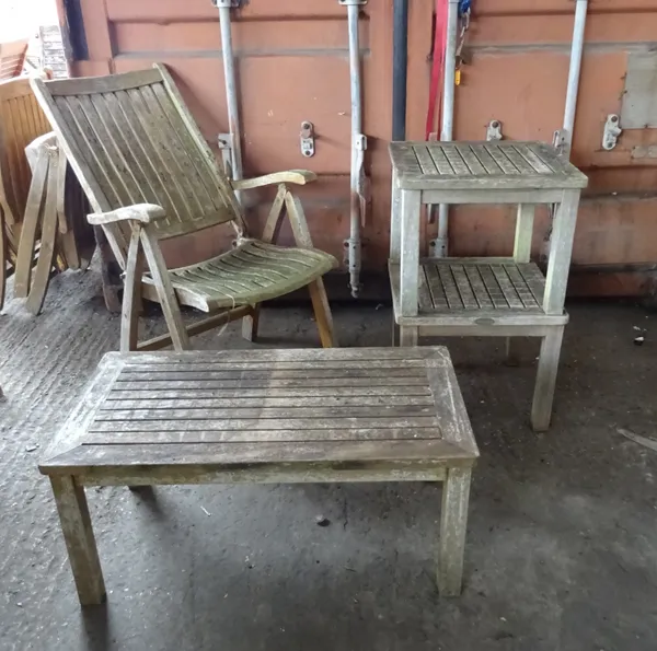 Westminster Teak; a set of four 20th century folding open armchairs and a pair of side tables, 50cm wide x 41cm high and a rectangular coffee table, 9