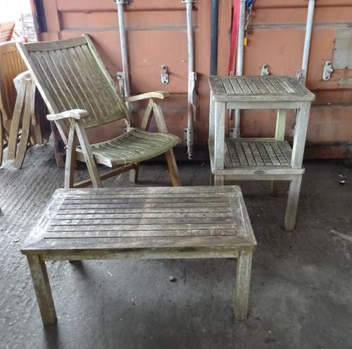Westminster Teak; a set of four 20th century folding open armchairs and a pair of side tables, 50cm wide x 41cm high and a rectangular coffee table, 9