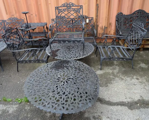 Forecast Furniture LTD; a black painted metal garden bench, 122cm wide, a set of three matching open armchairs and a pair of circular low tables, 99cm