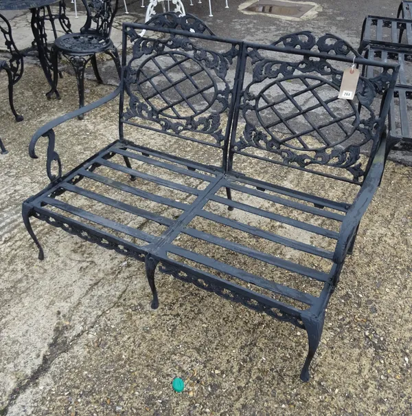 Forecast Furniture LTD;  a pair of black painted metal garden benches, 122cm wide x 84cm high, (2).