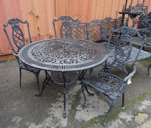 Forecast Funiture LTD; a set of six 20th century black painted metal garden chairs to include two carvers and associated black metal circular garden t