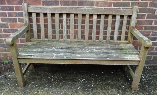 Westminster Teak; a pair of benches, 150cm wide x 94cm high and a square coffee table, 117cm wide x 36cm high.