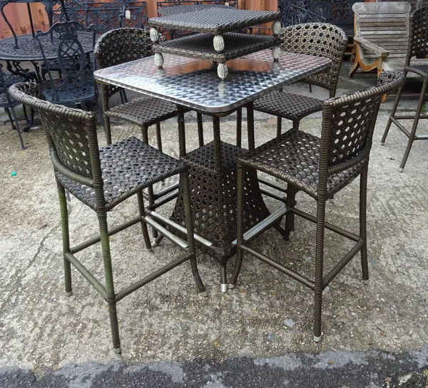 Smania Outdoor; a rattan and metal garden table, 80cm wide x 101cm high, four matching high chairs and two footstools, 40cm wide x 11cm high, (7).