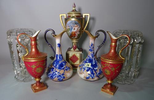 Ceramics, including; a pair of Royal Crown Derby ewers (a.f.), two clear glass lustres, a pair of Doulton ewers and sundry, (qty).
