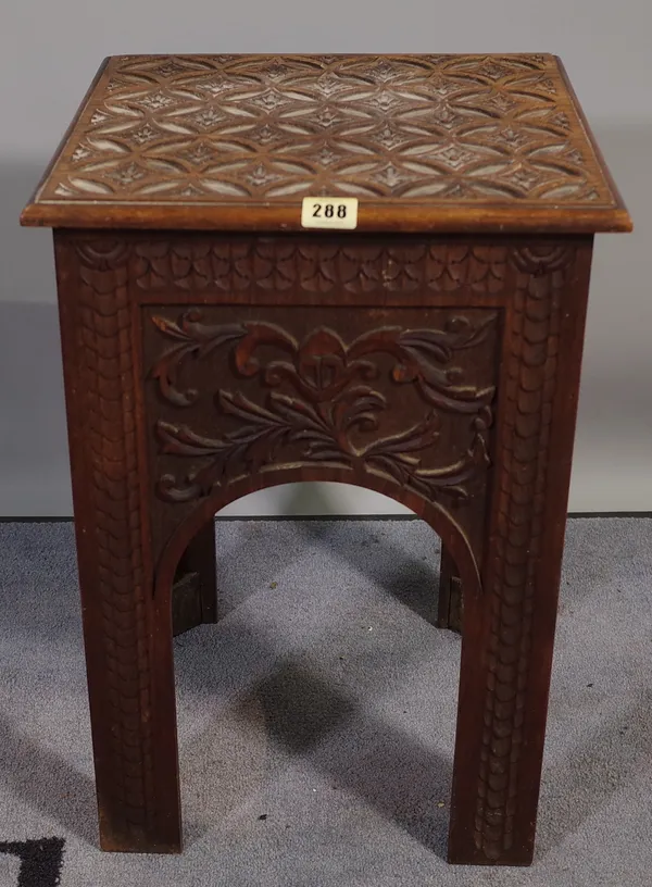 A 20th century Anglo Indian mahogany carved side table, 34cm wide x 51cm high.