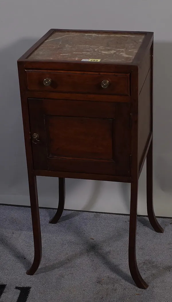 A George III mahogany marble top pot cupboard with single drawer over cupboard on splayed supports, 40cm wide x 74cm high.