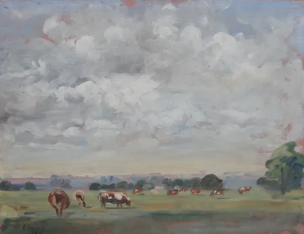 Two 20th century oils, including cattle grazing in a landscape signed 'A Horsley', 33cm x 25.5cm and untitled in brown, indistinctly signed, 27cm x 24