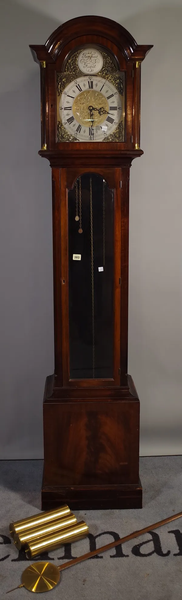 A 20th century mahogany longcase clock, with chiming movement, 37cm wide x 195cm high.