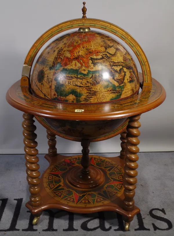 A 20th century drinks cabinet, formed as a globe, 75cm wide x 110cm high.