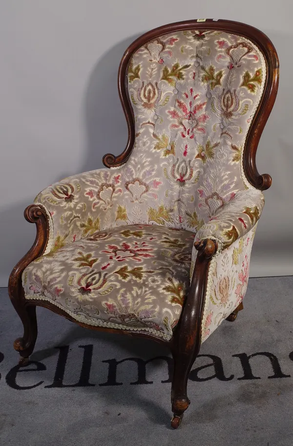 A Victorian mahogany framed spoon back upholstered armchair, 68cm wide x 105cm high and a spoon back tartan upholstered nursery chair, 57cm wide x 90c