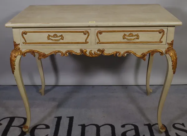 A Louis XV style green painted and parcel gilt decorated two drawer side table, 93cm wide x 73cm high.