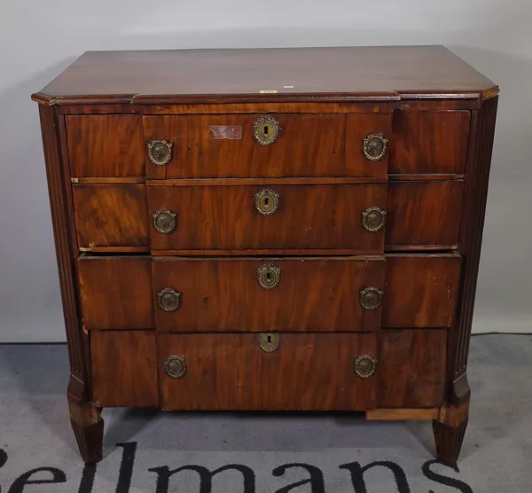 A 19th century French breakfront mahogany chest of four long graduated drawers on fluted tapering square supports, 90cm wide x 87cm high, (a.f.).