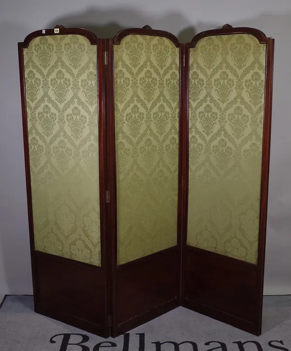 A 20th century mahogany framed three fold arch top screen, 168cm wide x 168cm high.