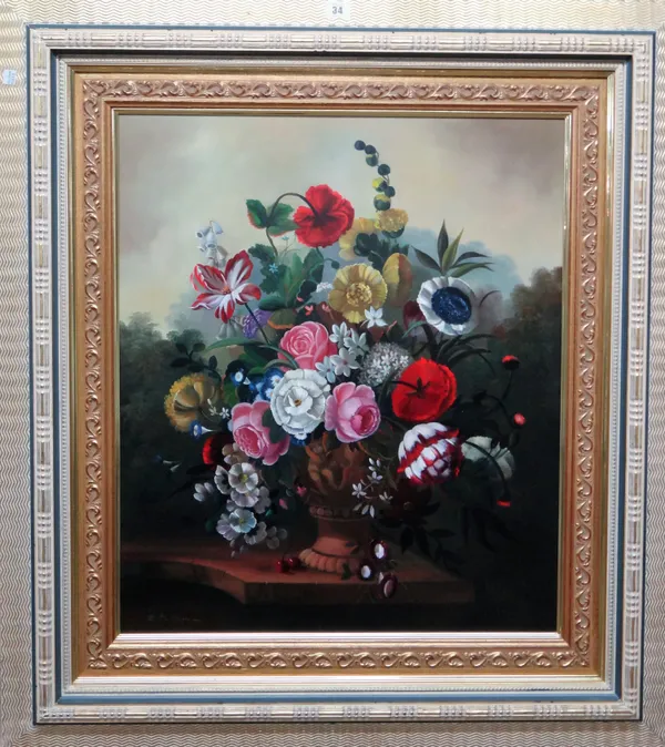 E** de Sanz (20th century), Flowerpiece, oil on canvas, signed, 67cm x 57cm.