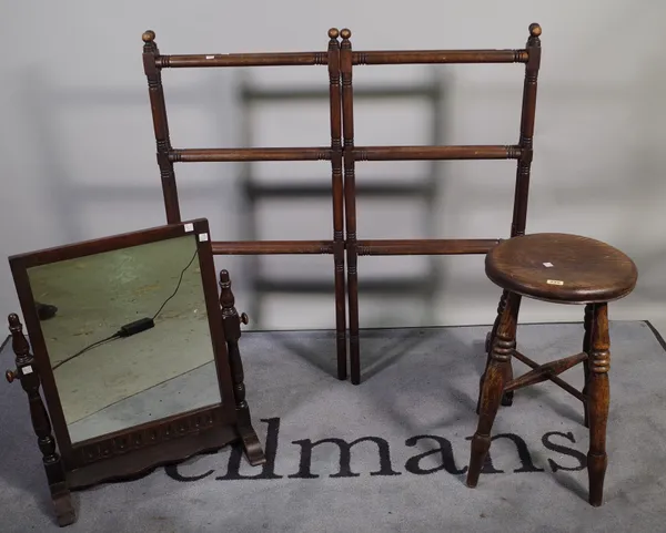 A Victorian mahogany folding clothes rail, 90cm wide x 90cm high, an 18th century style oak framed toilet mirror 40cm wide x 60cm high and an oak and