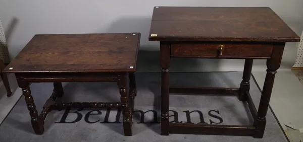 An 18th century oak single drawer side table 80cm wide x 77cm high and an 18th century oak low side table on bobbin turned supports 83cm wide x 56cm h