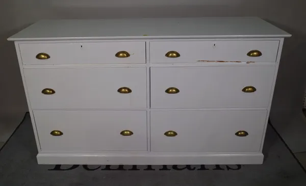 A 20th century grey painted chest of six graduated drawers on plinth base, 150cm wide x 87cm high.