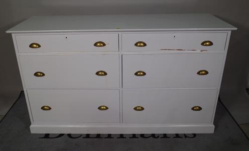 A 20th century grey painted chest of six graduated drawers on plinth base, 150cm wide x 87cm high.