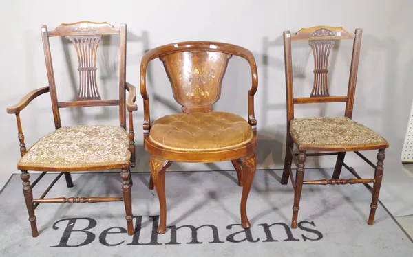 A set of four Edwardian mahogany inlaid dining chairs and a tub chair, (5).