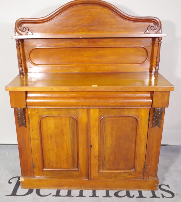 A Victorian mahogany chiffonier with single drawer over panelled cupboard doors, 105cm wide x 136cm high.