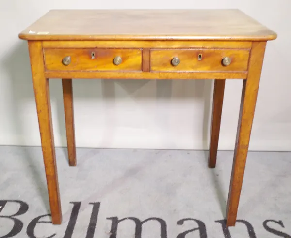 A late George III mahogany single drawer side table, on tapering square supports, 74cm wide x 76cm high.