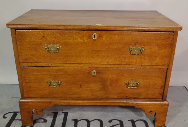 A late 19th century oak chest of two long drawers, on bracket feet, 107cm wide x 77cm high.