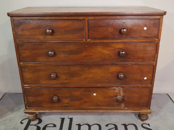 A Victorian mahogany chest of two short and three long graduated drawers, on bun feet, 120cm wide x 86cm high.