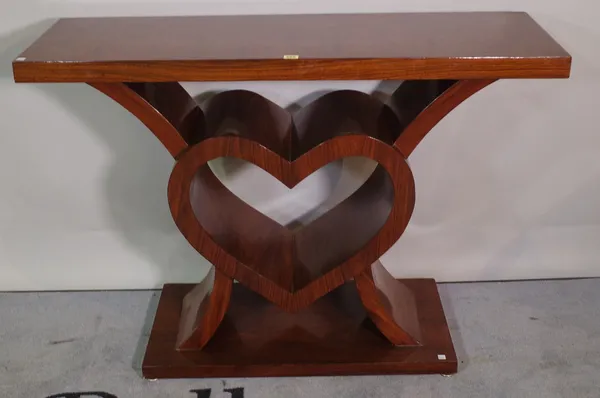 A 20th century hardwood console table on heart shaped column and plinth base, 120cm wide x 85cm high.