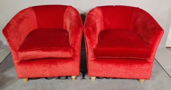 A pair of 20th century hardwood framed tub chairs, with red velvet upholstery, (2).