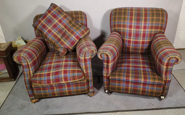 A pair of 20th century hardwood framed low armchairs, with tartan upholstery, on bun feet, (2).