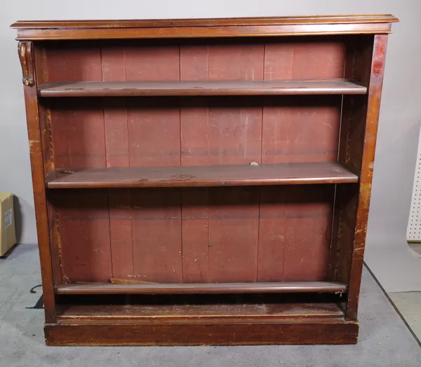 A late Victorian mahogany open bookcase, on plinth base, 124cm wide x 122cm high.