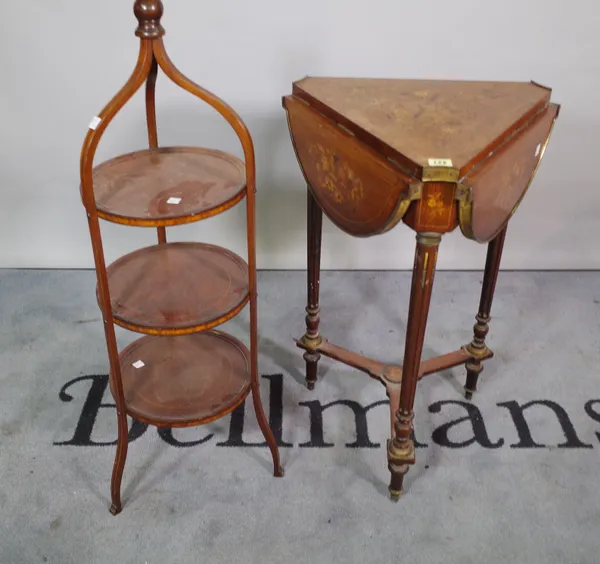 A Victorian mahogany linlaid drop-leaf tripod table, on reeded brass inlaid tapering supports, 45cm wide x 72cm high and an Edwardian mahogany inlaid