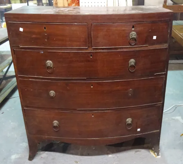 A George III mahogany bowfront chest of two short and three long drawers, on splayed bracket feet, 97cm wide x 107cm high.